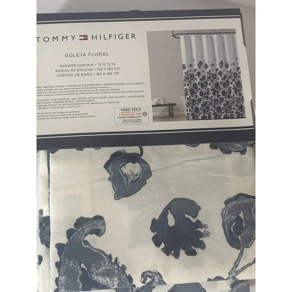 New Tommy Hilfiger “Goleta Floral” White Navy Blue Fabric Shower Curtain 72”